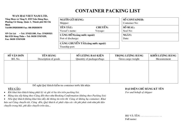 Container Packing List L G T Ng H P Gi Y H Container C A H Ng T U