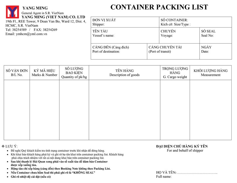 Packing List YANGMING (YML)